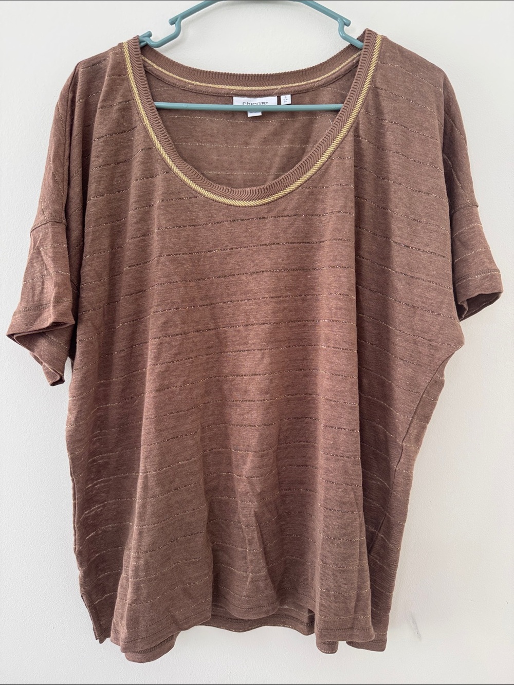Chicos Metallic-Thread Brown Scoop Neck Short Sleeve Top Sz 3
